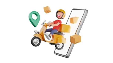 3d animation of a courier riding yellow motorcycle out of the smartphone Stock Footage 222547851