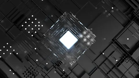 3D animation of  a cube emits blue light on a black circuit board. Stock Footage 130580053