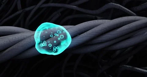 3D animation of a dark gray rope with a translucent drop or knot of bright t Stock Footage 337942898