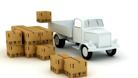 3D animation of a delivery truck loading cardboard boxes for shipping Stock Footage 335952653