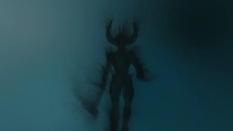 3d Animation of a demon with an axe in his hand built from dark particles Stock Footage 328002454