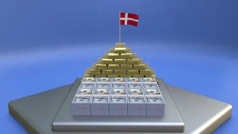 3D animation of Denmark flag with gold bar pyramid and stacks of dollar bil.. Stock Footage 328664384