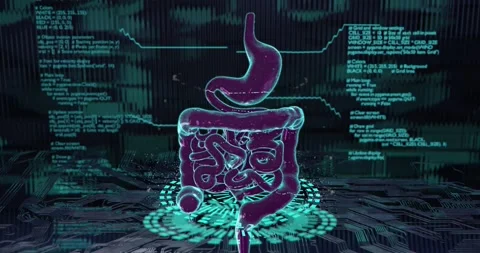 3D animation of the digestive system with neon lighting and sci-fi digital g Stock Footage 315852759