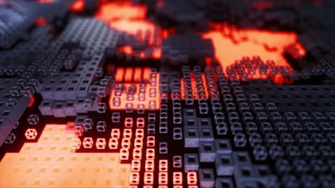 3D animation of a digital landscape with glowing lava-like patterns among tech Stock Footage 265094291