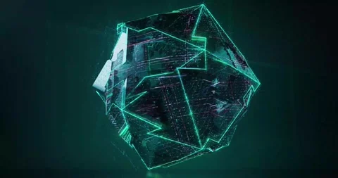 3D animation of a dynamic rotating digital geometric shape with glowing elements Stock Footage 318595822