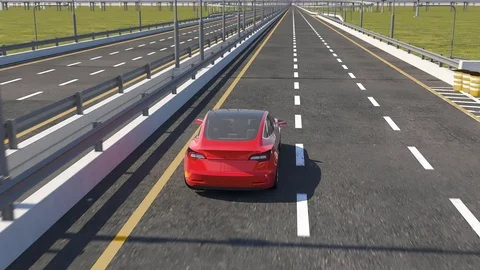 3d animation of an electric Tesla model 3 driving on highway Stock Footage 102985419