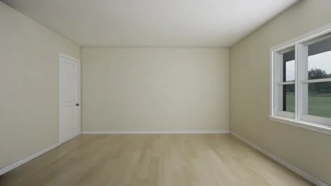 3d animation of an empty room with a window and a door in warm tones. Stock Footage 202912929