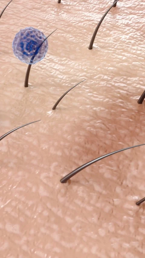 3D animation: essence balls reach follicles, absorb melanin Stockbeeldmateriaal 345014622