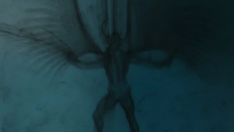 3d animation of an evil creature scouting in the shadows, built from particles Stock Footage 330848314