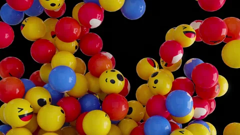 3D Animation of falling and filling screen yellow red and blue balls with Stock Footage 135654575