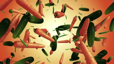 3D Animation Falling Carrots Cucumbers and Peas Orange Background Stock Footage 330425098