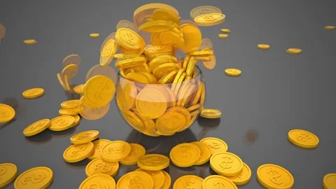 3d animation of falling coins into a glass bowl, overflow	 Stock Footage 296617624