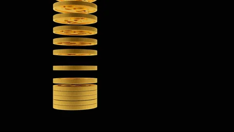 3D animation of falling coins stacked on a black. Alpha channel. 4K Stock Footage 140472234