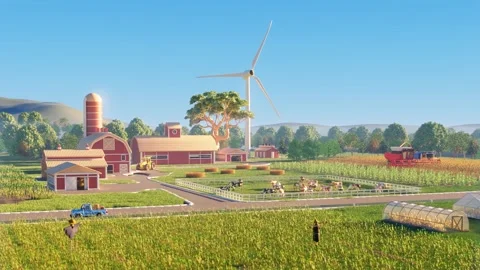 3D Animation of Farm Scenery With Fields, Dairy, Wind Turbines, Harvester Vidéo 301516448