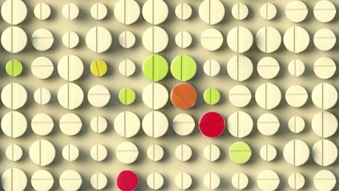 3D animation featuring a pattern of white pills with random pops of bright color Stock Footage 331847338