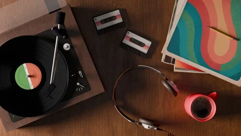 3D Animation featuring a retro vinyl record player on a wooden table Stock Footage 317341521