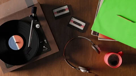 3D animation featuring a retro vinyl record player on a wooden table Stock Footage 317508625