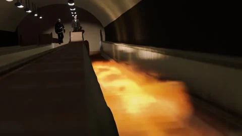 3D animation of fire rushing up escalator steps Stock Footage 328781676