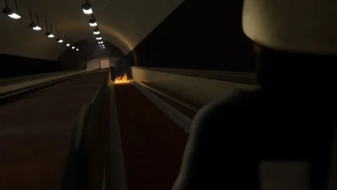 3D animation of a firefighter looking at a fire on escalator steps Stock Footage 328781904