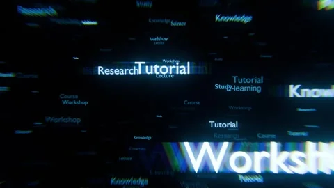 3D animation with floating words like Webinar, E-learning, Knowledge Stock Footage 311856420