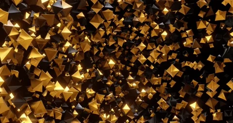 3D animation of flying rotating gold and black geometric shapes, octahedron Stock Footage 159347111