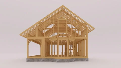 The 3d animation of a frame house under construction. Stock Footage