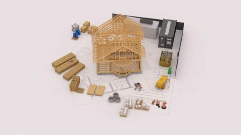 The 3d animation of a frame house under construction. Stock Footage 131072426