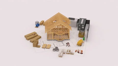 The 3d animation of a frame house under construction. Stock Footage 131072485