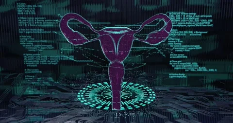 3D animation, futuristic digital internal biological female organs with neon Stock Footage 314049923