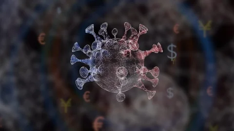 3d animation of germ over dark background with dollar, euro and yen icons Stock Footage 126327963