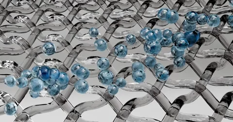 3D animation of a glass woven mesh through which numerous translucent blue s Stock Footage 337943055