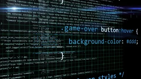 3d animation of glowing blue programming code CSS, vulnerability scan result Video stock 323565345