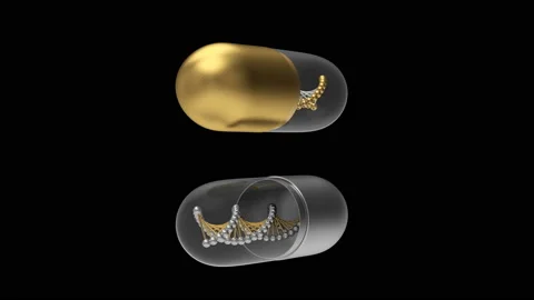 3D animation of gold and silver pills with dna on black. Alpha channel. 4K Stock Footage 143219907