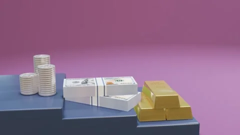 3D animation of gold bars silver coins and stacks of dollar bills on elegan.. Video stock 328664107