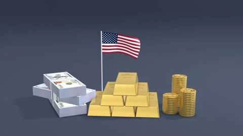 3D animation of gold bars stacks dollar money and United States flag symbol.. Stock Footage 328664052