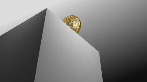 3D animation of golden bitcoin rolling and falling off the edge Stock Footage 328457040