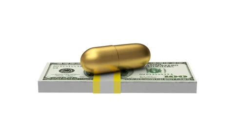 3D animation of a golden pill on a bundle of dollar bills. Alpha channel. 4K Stock Footage 148372509