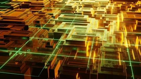 3d animation of golden structures with green laser illumination. 3d rendering Stock Footage 169060341