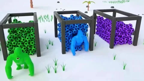 3D Animation of Gorilla Character Passing Through Colorful Soccer Ball Frame and Stock Footage 345809883