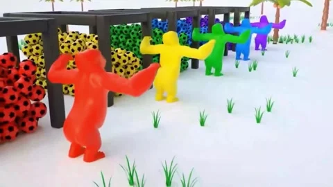 3D Animation of Gorilla Character Passing Through Colorful Soccer Ball Frame and Video stock 345809898