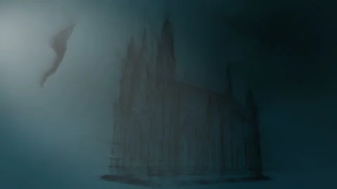 3d animation of a gothic cathedral with a winged demon in front of it Stock Footage 345870155