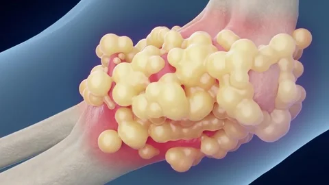 3D animation of gout crystal growth in the knee joint Stockbeeldmateriaal 345012916