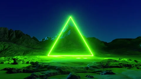 3d animation. Green neon triangle glowing over the futuristic landscape. Stock Footage 280981737