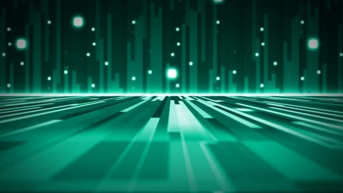 3D animation of green rectangle bars moving towards the screen with Stock Footage 125612260