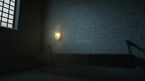 3D Animation of grunge prison cell with bed and cell lighting Stock Footage 343503293