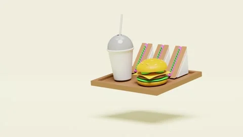 3d animation with hamburger or burger, sandwich, glass on tray running Stock Footage 212379936