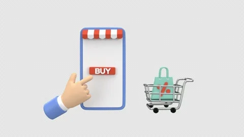 3d animation hand tapping Buy on a smartphone screen next to a shopping car.. Stock Footage 310416027