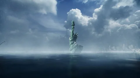 3D animation of helicopter flying over Liberty Statue and New York flood Stock Footage 236628890