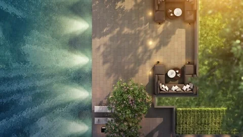 3d animation high angle view of swimming pool &amp; deck at sunset Video stock 132032151