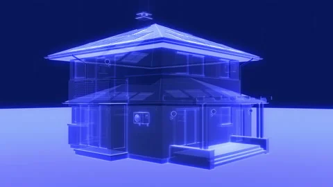 3d animation of a holographic house model plan, rotating and loopable Stock Footage 165070927